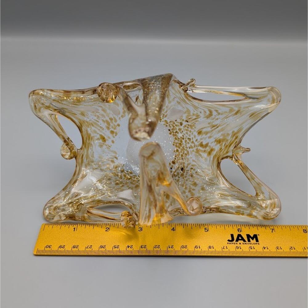 Vintage Murano Style Amber Gold Fleck Art Glass Basket Dish MCM Fall Table Decor - Picture 9 of 10